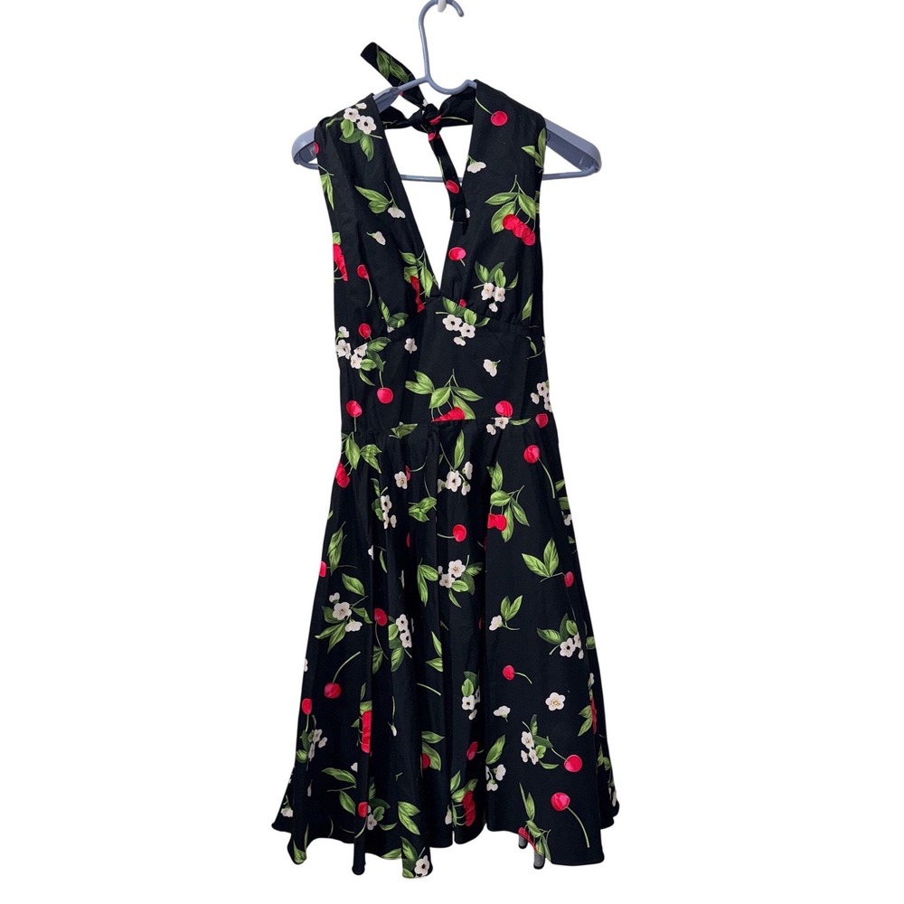 Maggie‎ Tang Rockabilly Black Cherry Print Halter Rockabilly Dress L